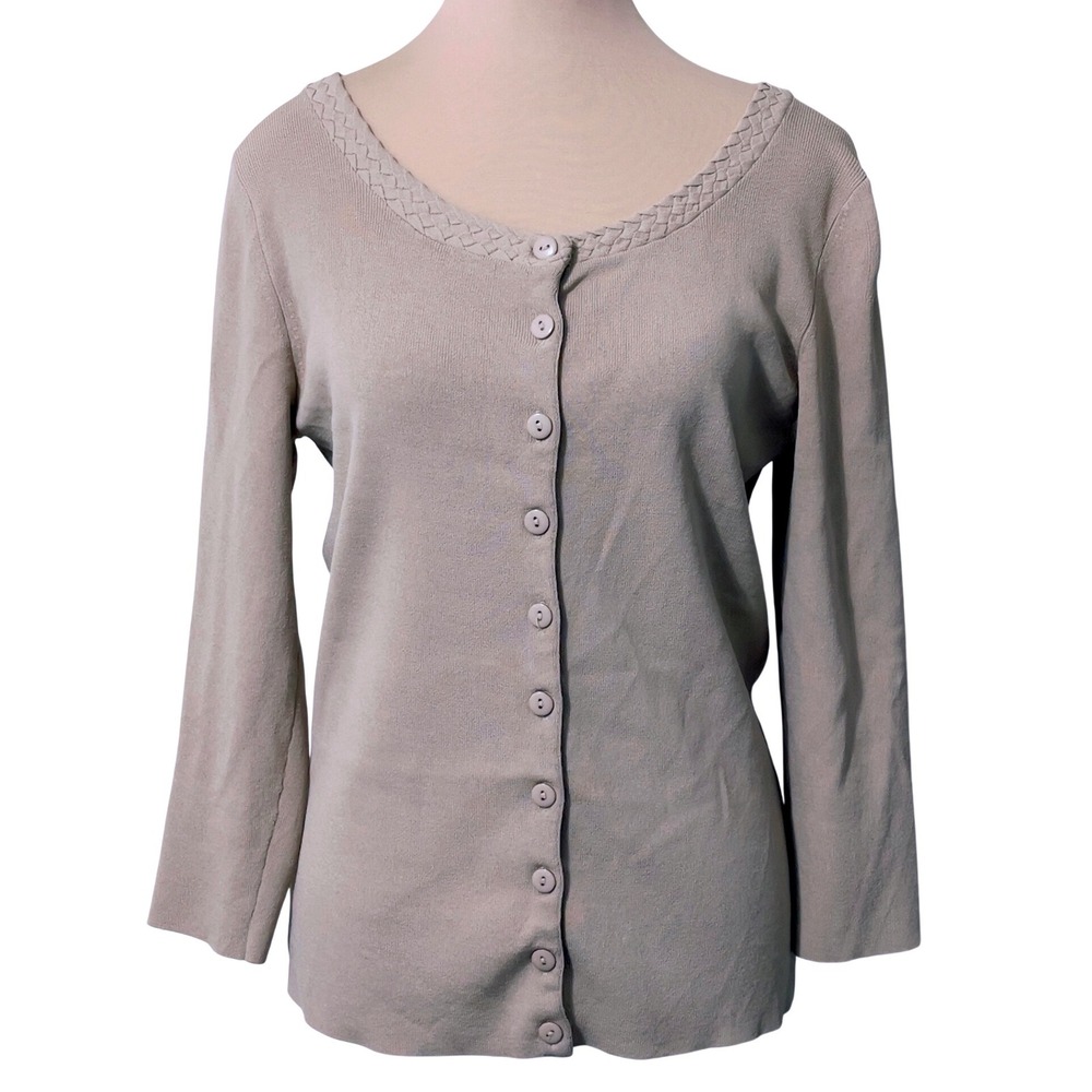 Linda Matthews Cardigan S Beige Braided Trim Button Front Preppy Minimalist